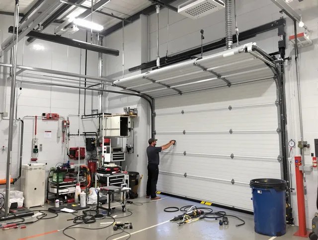 Wethersfield Garage Door Repair certified technician performing commercial door repair at a Wethersfield business facility
