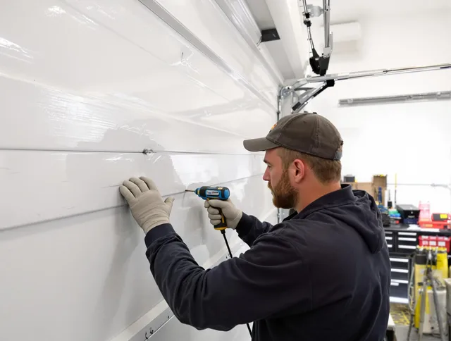Wethersfield Garage Door Repair technician demonstrating precision dent removal techniques on a Wethersfield garage door